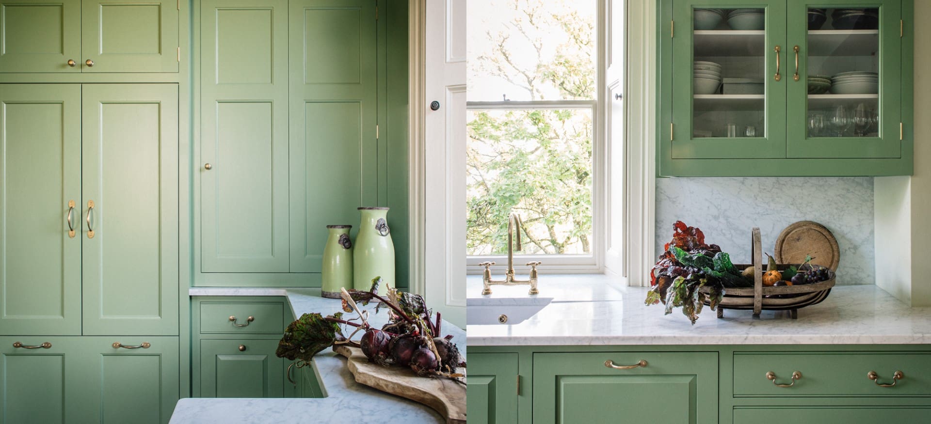  Green bespoke painted kitchen design by Plain English with Robert Young Antiques